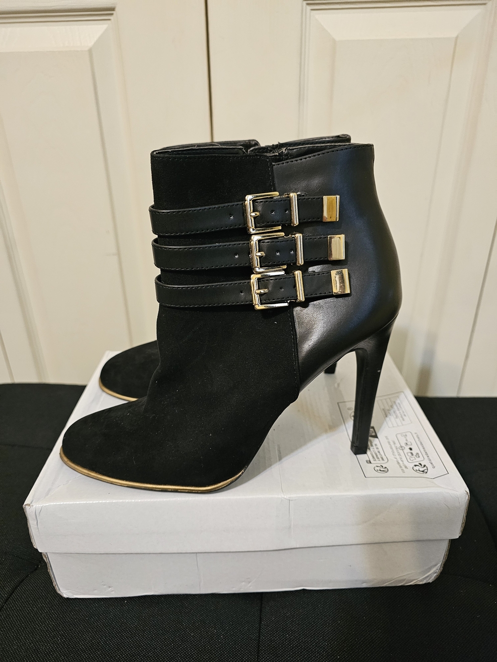 Sam & Libby Black Mixed-Material High-Heel Ankle Boots with Triple Gold Buckles